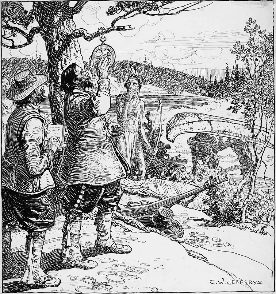 Dessin à la plume : Champlain lève un astrolabe au-dessus de sa tête pour prendre une observation sur une berge, tandis qu’un compagnon consulte une carte et qu’un canot est porté derrière eux