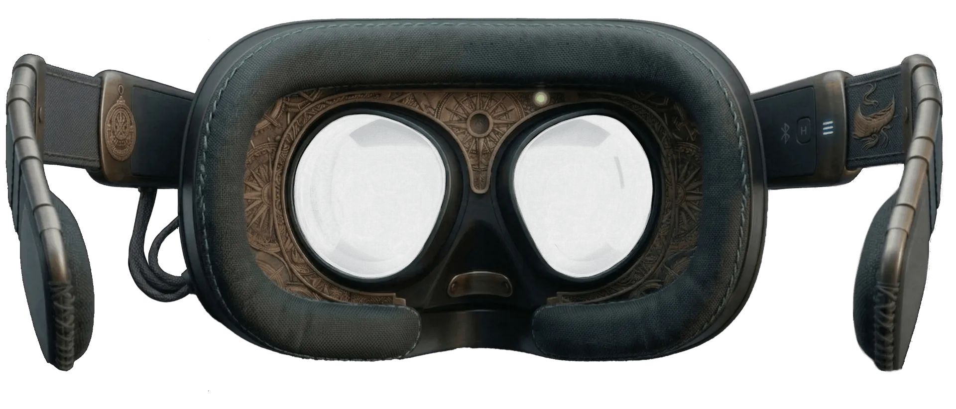 Un casque de réalité virtuelle à coque de laiton gravé et de cuir, à la manière d’un instrument d’optique ancien