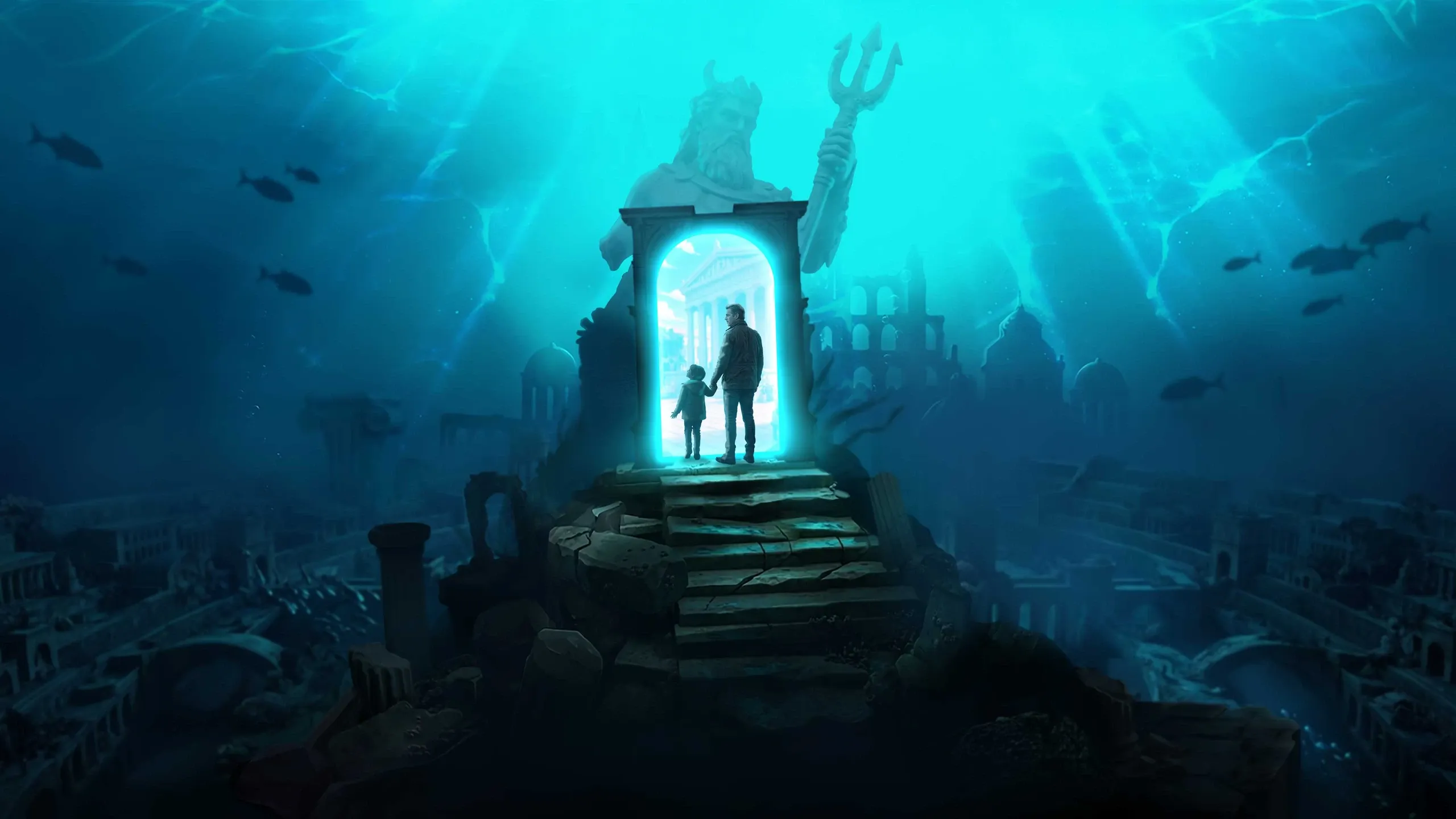 A lit doorway standing open in the sunken city beneath a colossal statue of Poseidon, two visitors silhouetted on the threshold