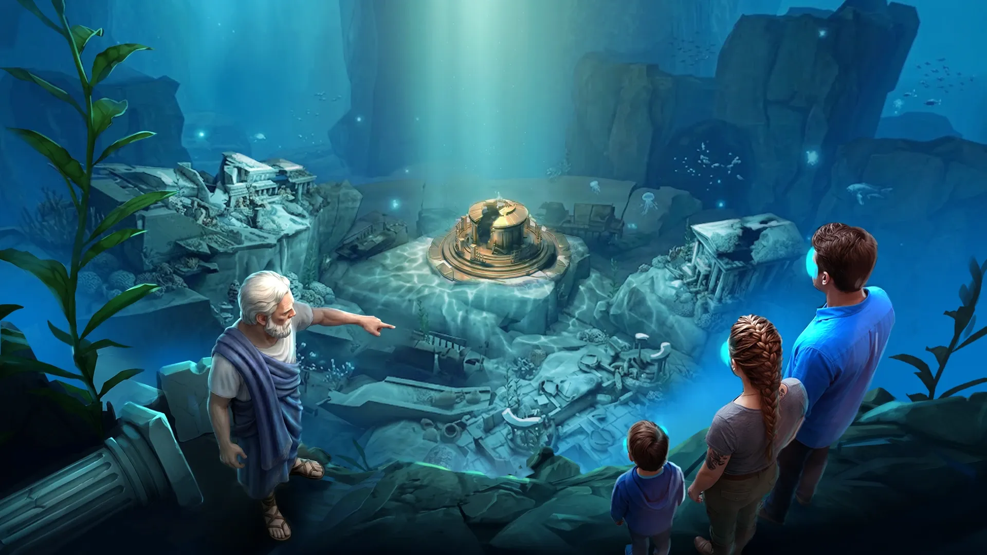 Platon désigne une place engloutie de l'Atlantide, ses ruines éclairées d'en haut, tandis que trois visiteurs se tiennent au bord de l'eau